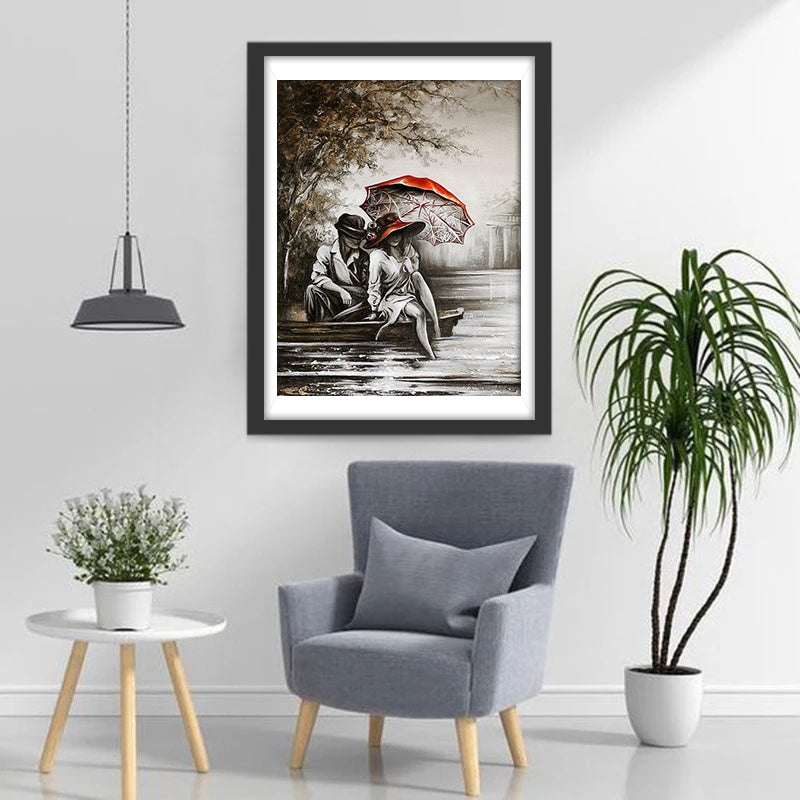 Koppel onder Rode Paraplu in Regen Diamond Painting