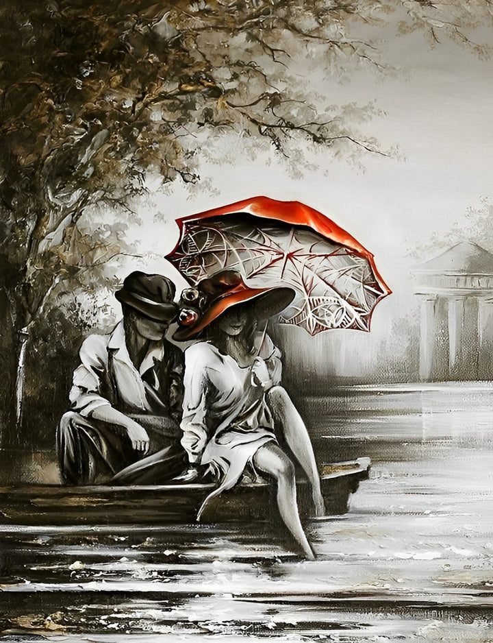 Koppel onder Rode Paraplu in Regen Diamond Painting