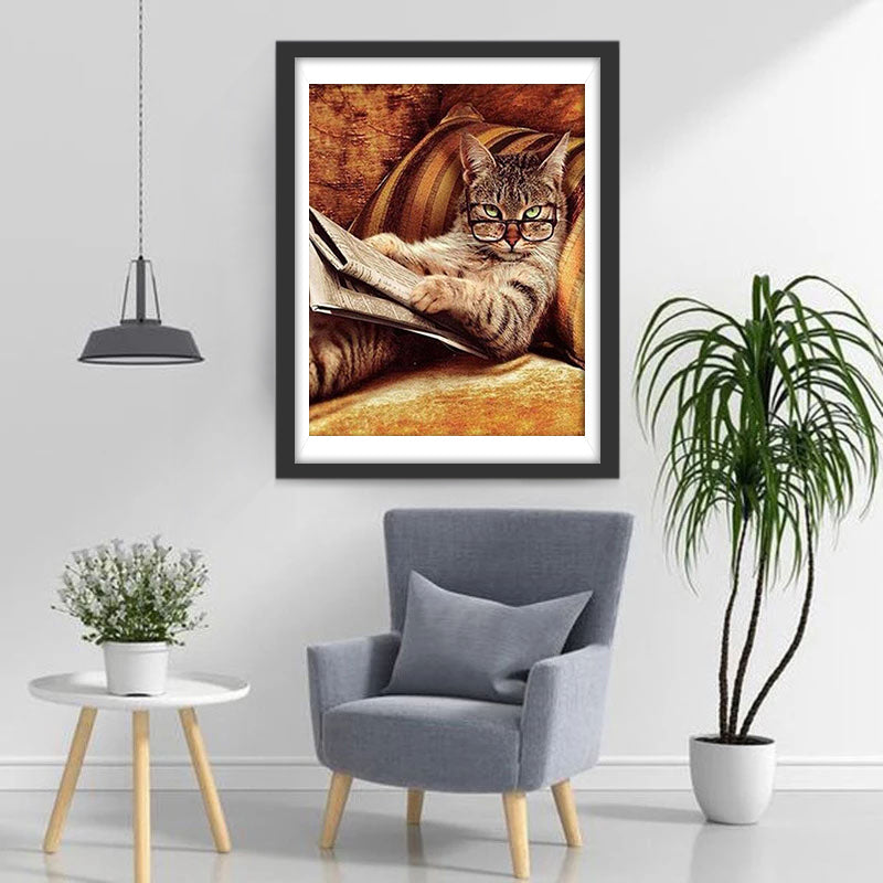 Krantlezende Kat met Bril Diamond Painting