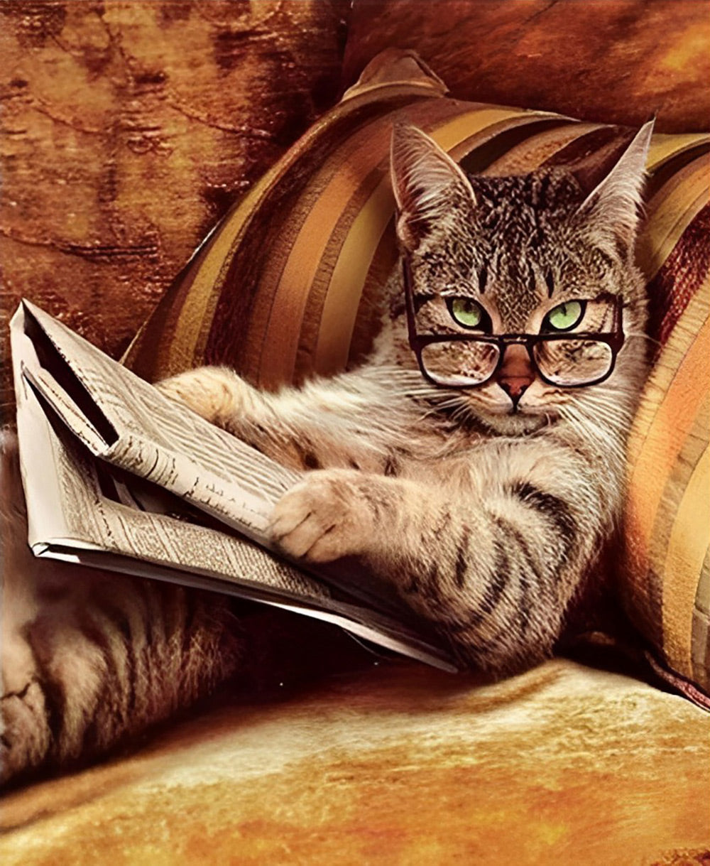 Krantlezende Kat met Bril Diamond Painting
