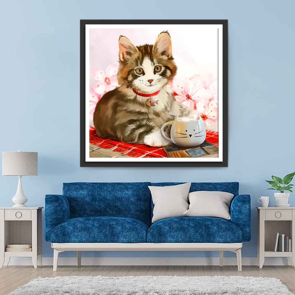 Lachende Kat die Koffie Drinkt Diamond Painting