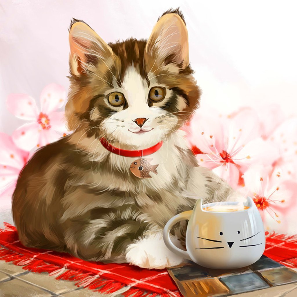 Lachende Kat die Koffie Drinkt Diamond Painting