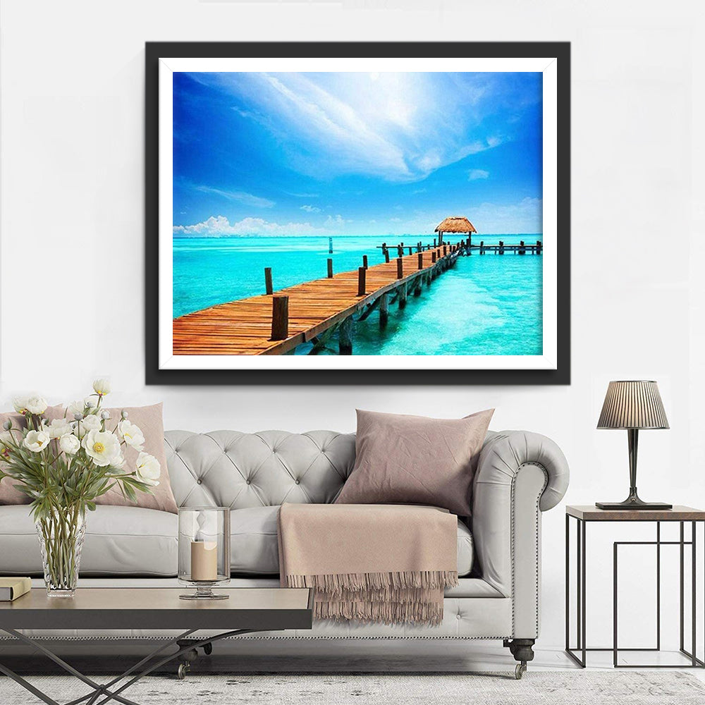 Lange Houten Pier met Rietendak bij Prachtige Zee Diamond Painting