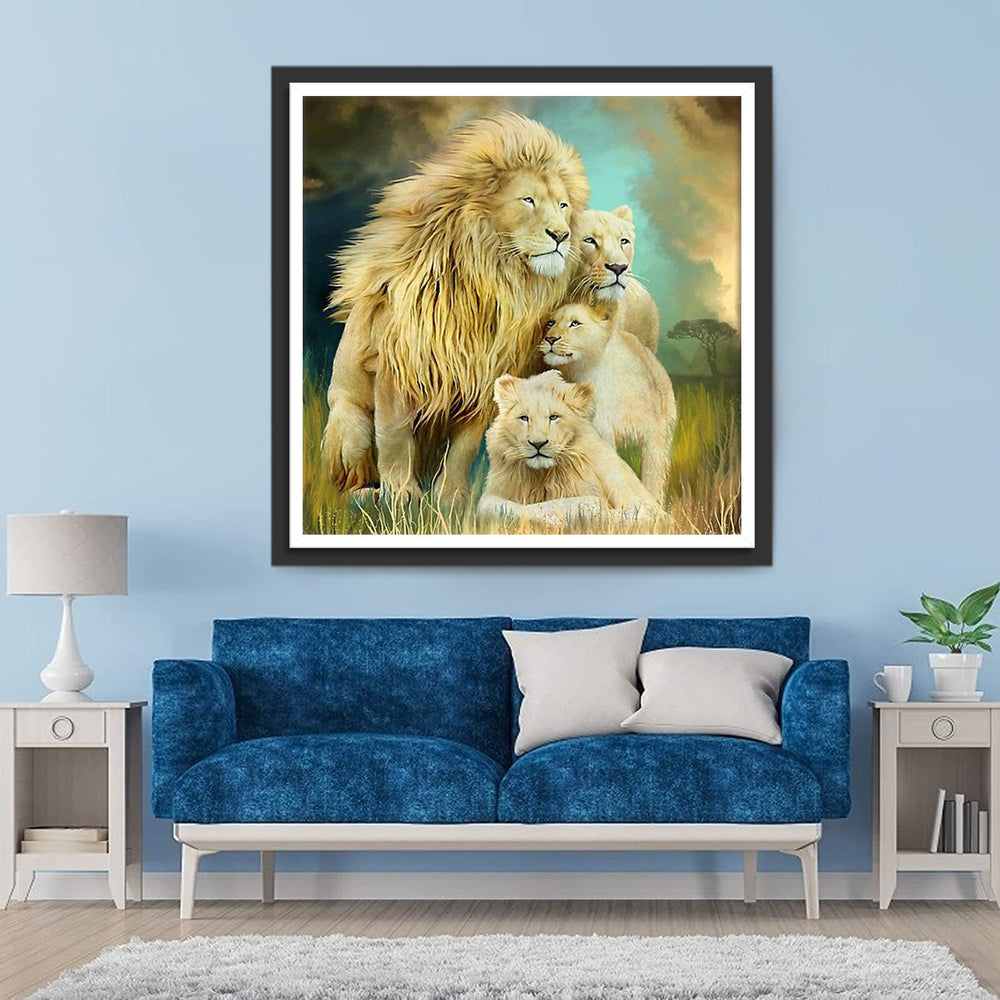 Leeuw en Drie Babyleeuwen Diamond Painting
