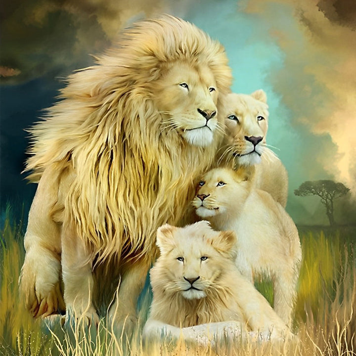 Leeuw en Drie Babyleeuwen Diamond Painting