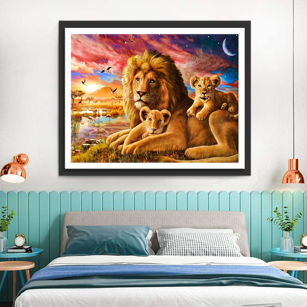 Leeuw en Leeuwenwelpen op de Weide bij Zonsondergang Diamond Painting