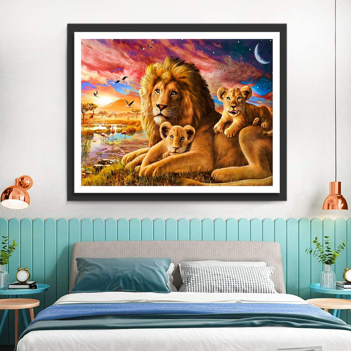 Leeuw en Leeuwenwelpen op de Weide bij Zonsondergang Diamond Painting