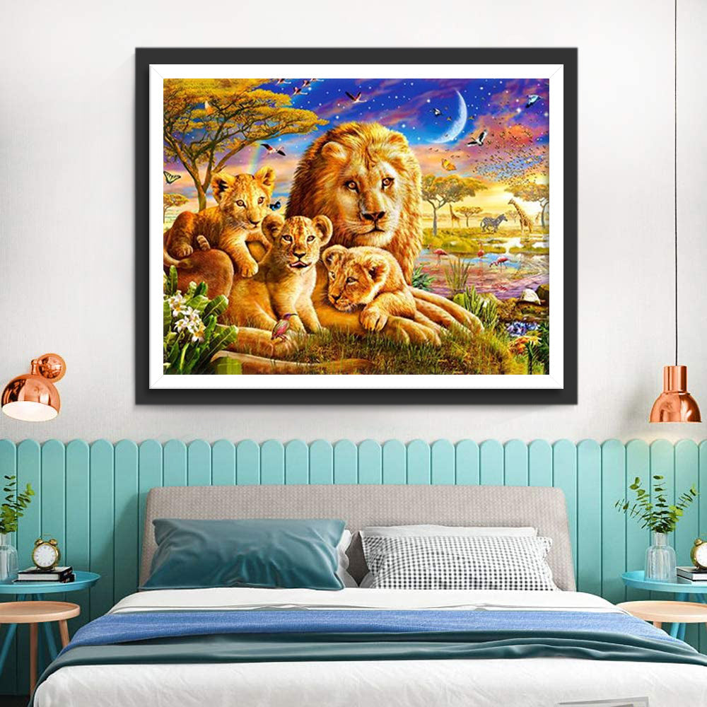 Leeuw en Leeuwenwelpjes onder een Dromerige Hemel Diamond Painting