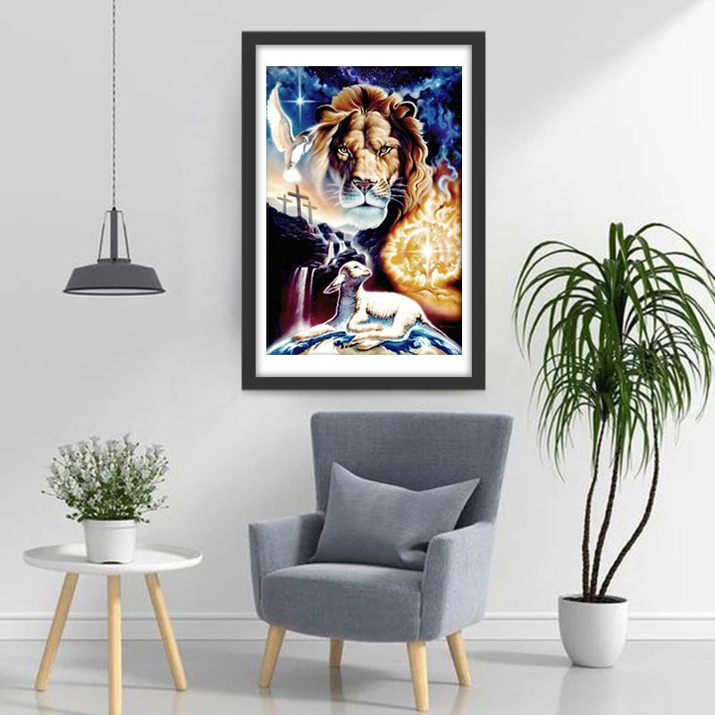 Leeuw in de Lucht en een Schaap onder een Waterval Diamond Painting