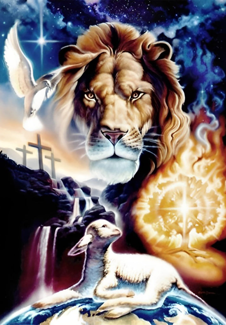 Leeuw in de Lucht en een Schaap onder een Waterval Diamond Painting