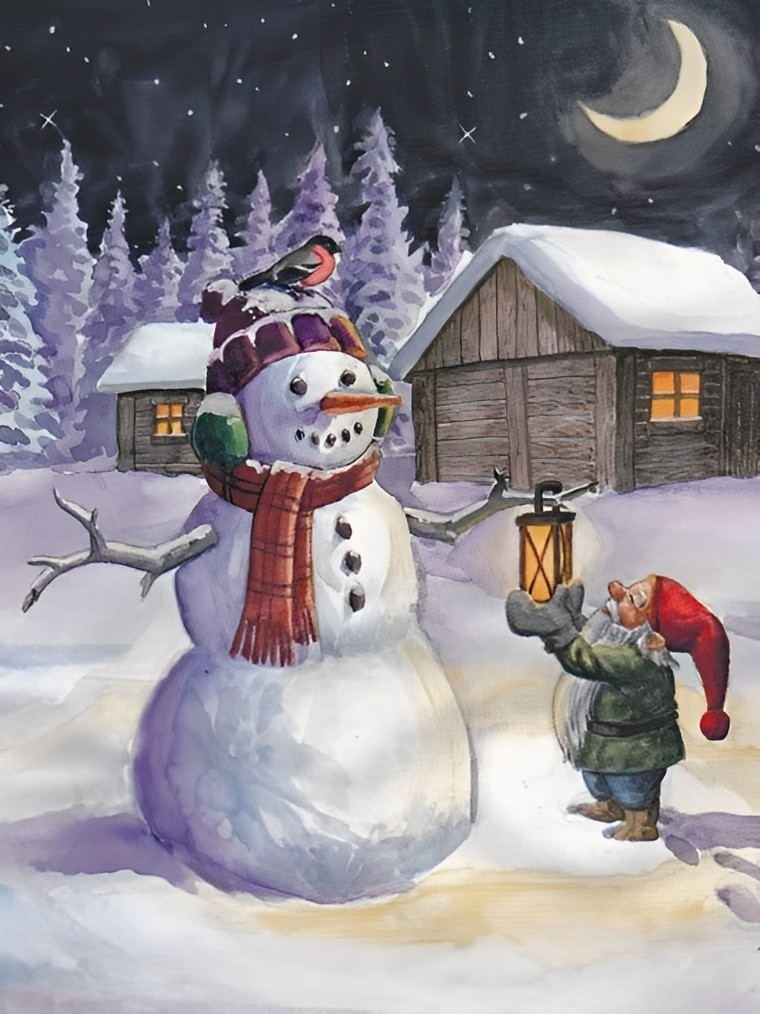 Leuke Sneeuwpop en Kabouter in Sterrennacht Diamond Painting