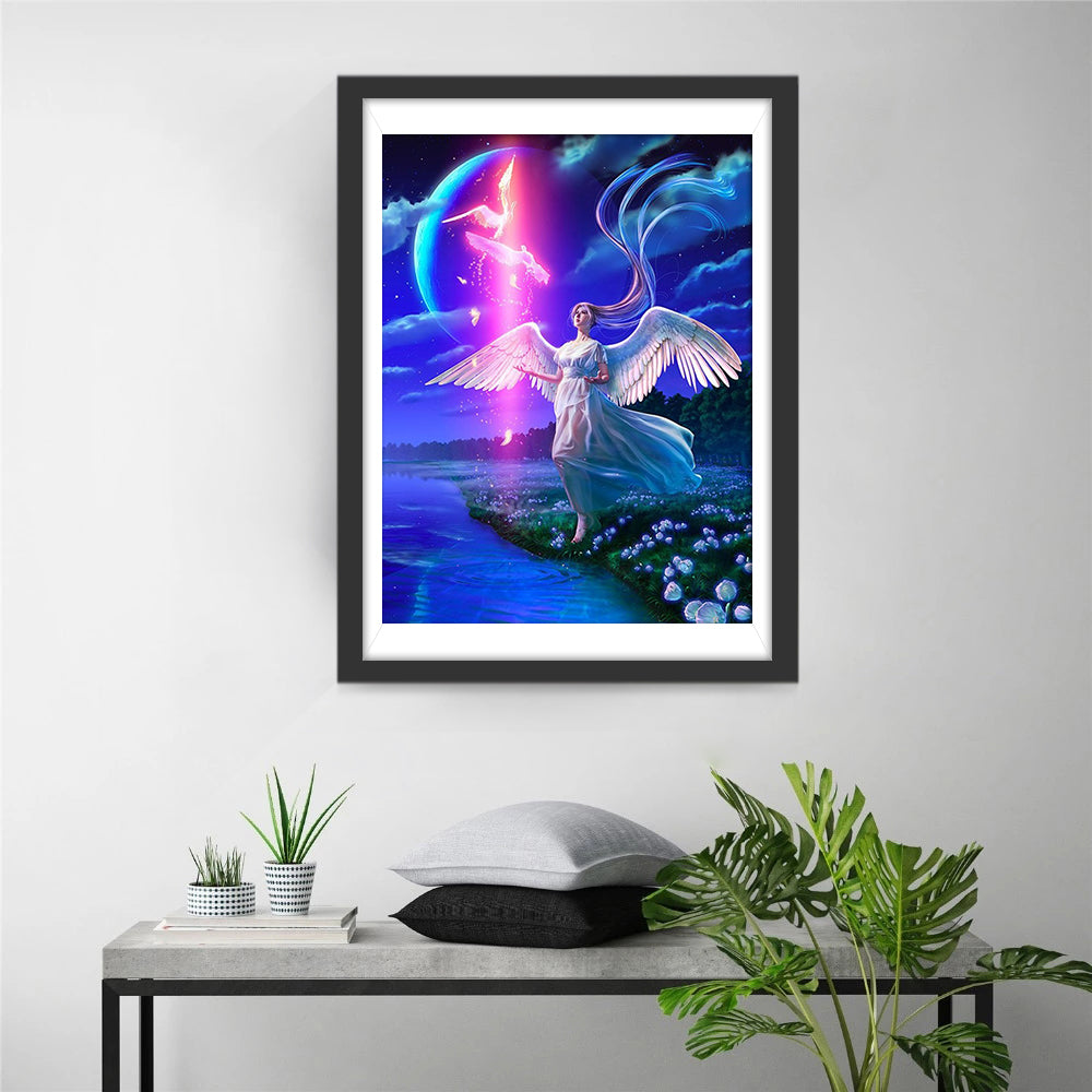 Lichtgevende Engel bij Magische Maan en Spiegelend Meer Diamond Painting