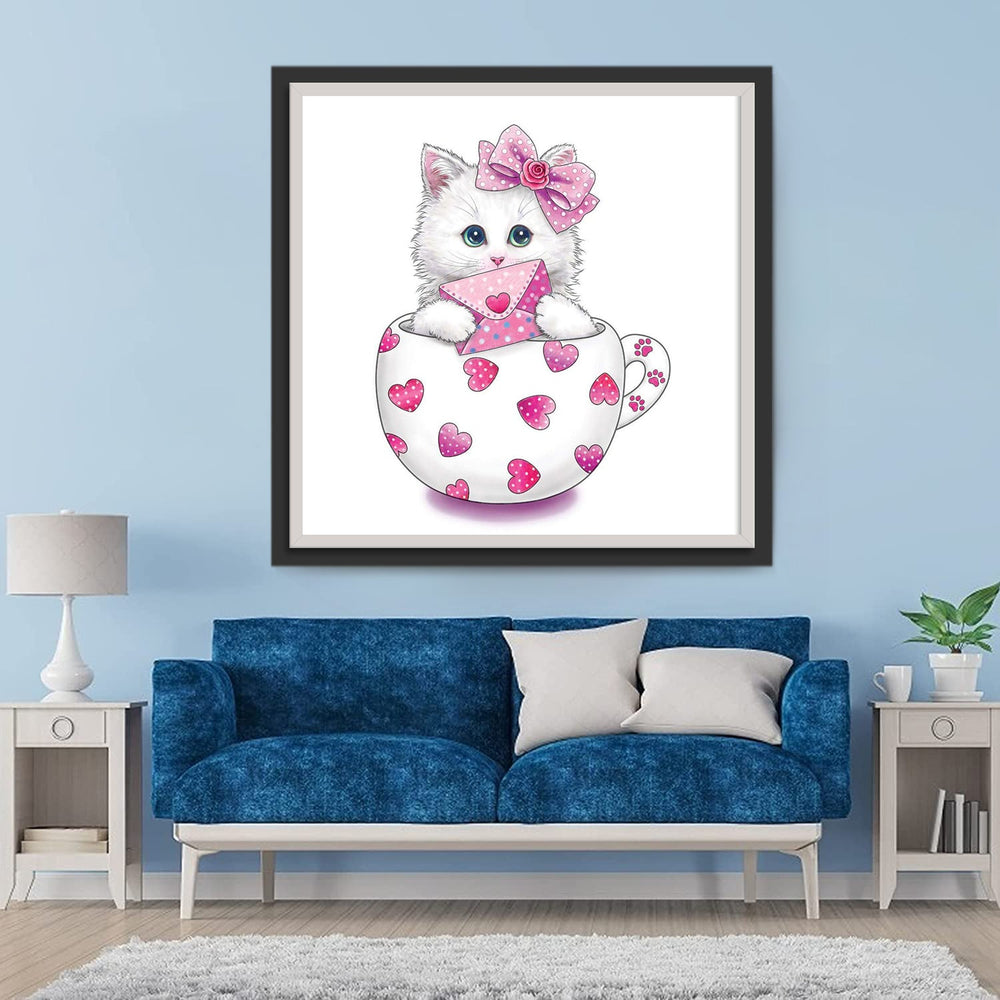 Lief Katje met Roos in Haarband, in Hartjesbeker Diamond Painting