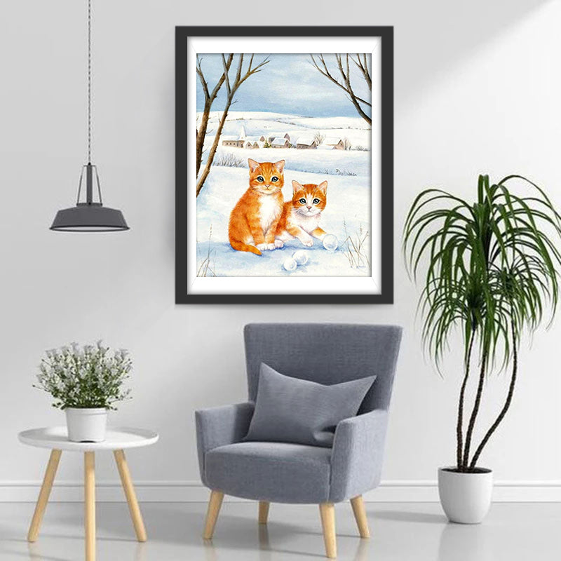 Lief Kattenpaar in de Sneeuw Diamond Painting