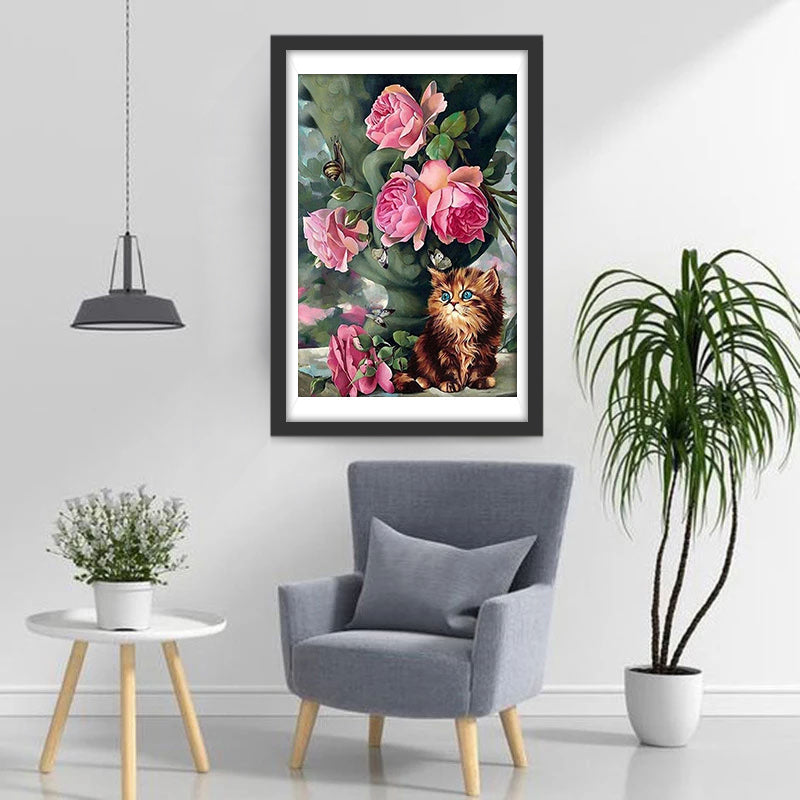 Lief Kattje tussen de Zachte Rozen Diamond Painting
