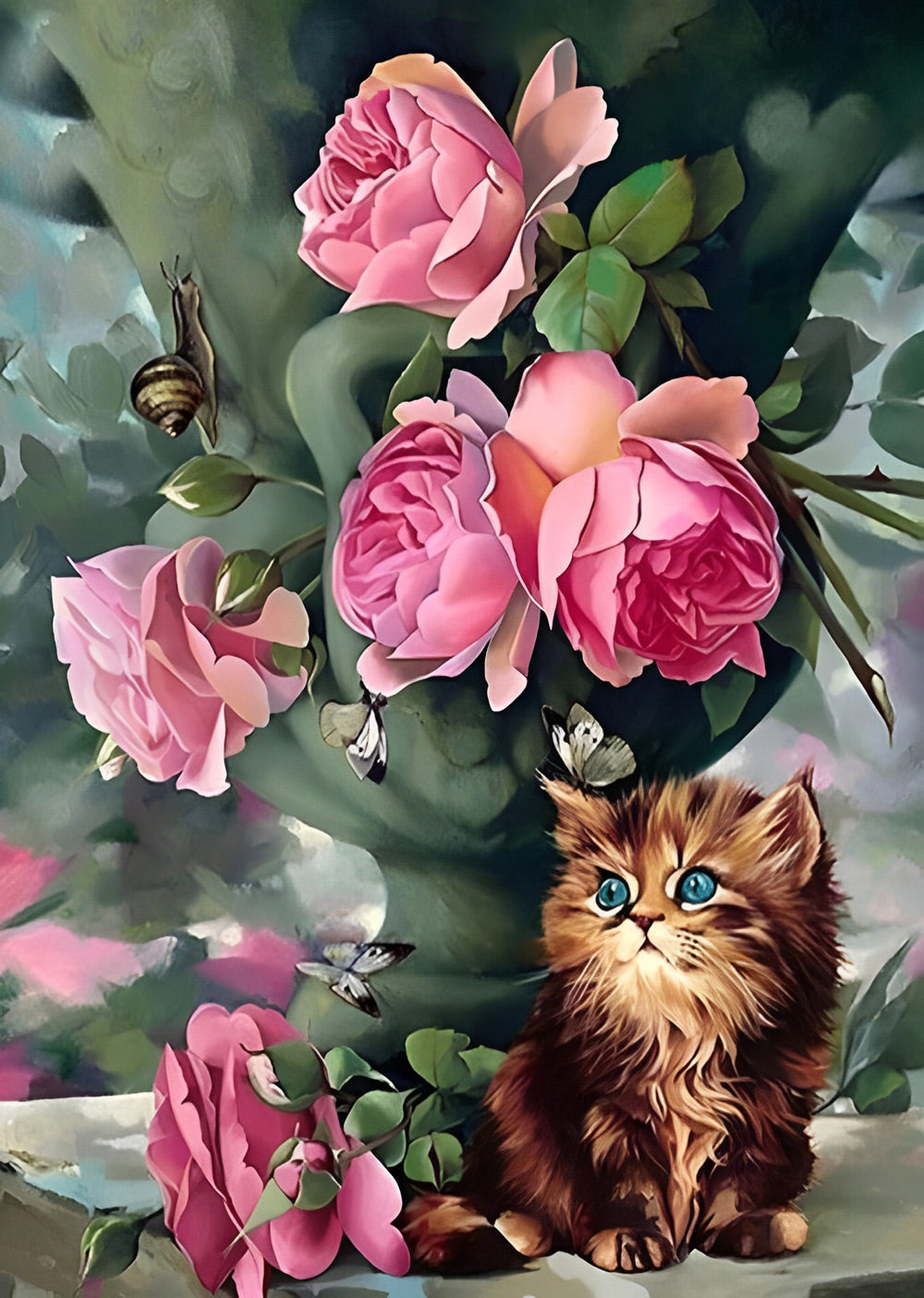 Lief Kattje tussen de Zachte Rozen Diamond Painting