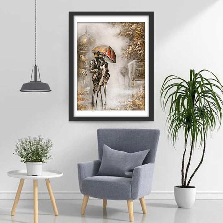 Liefdevol Nevelig Taferel van Koppel met Paraplu Diamond Painting