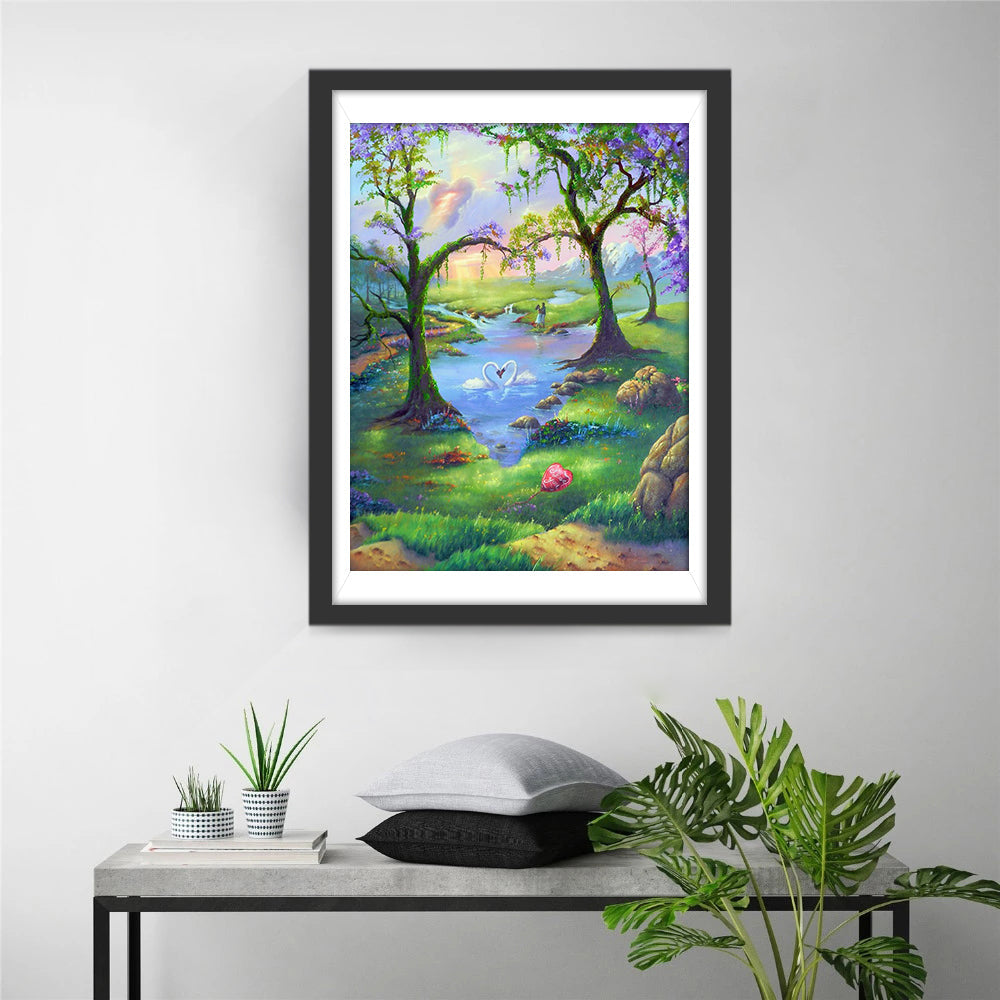 Liefdevolle Sfeer van een Fantasierijk Landschap met Hart Diamond Painting