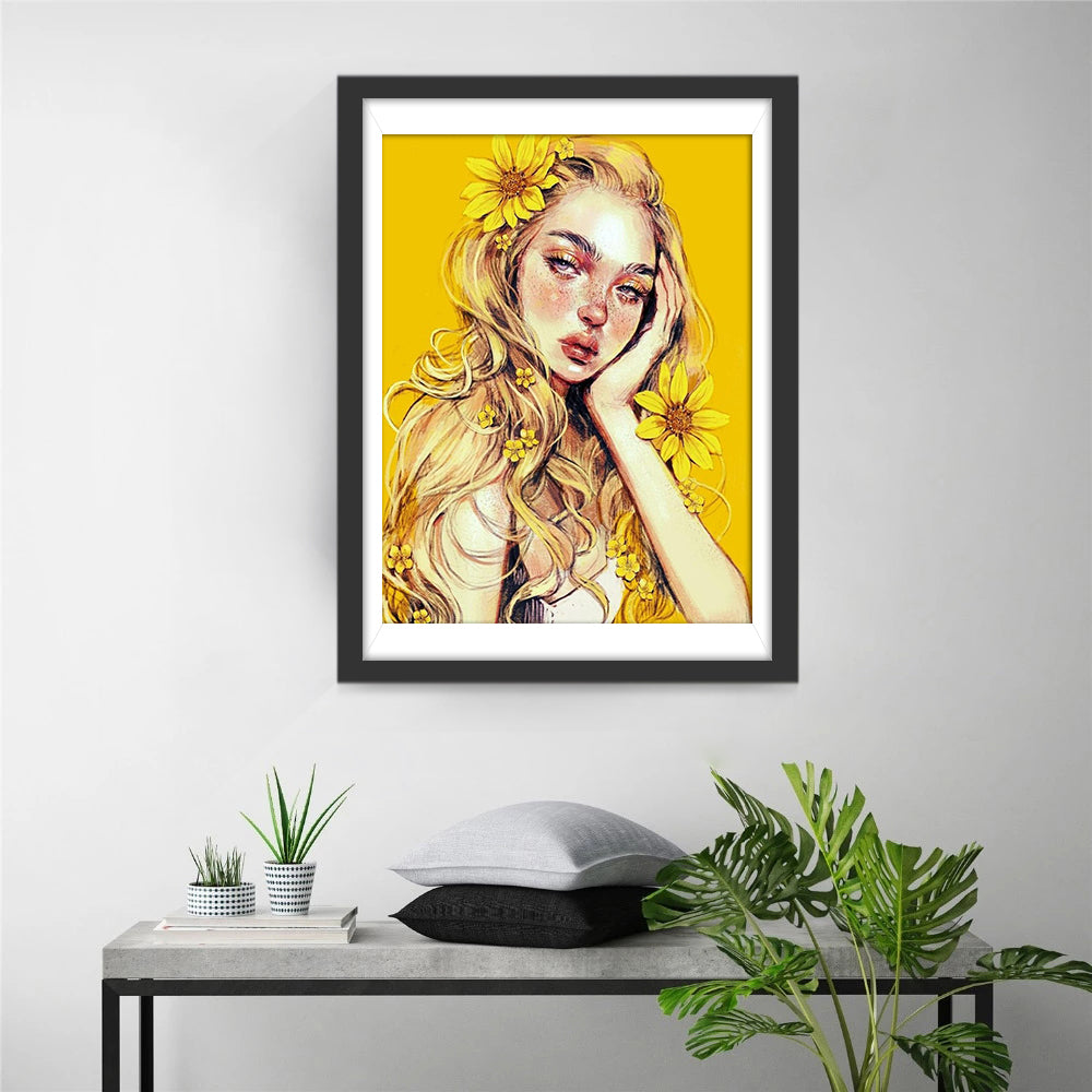 Lieflijke Gelaatsexpressie in de Betoverende Gele Bloemenkroning Diamond Painting