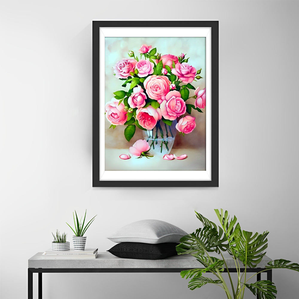 Lieflijke Roze Rozen in Glazen Vaas Diamond Painting