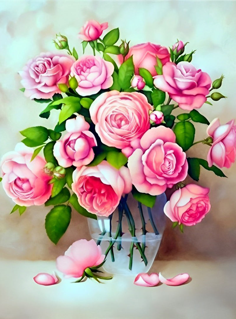 Lieflijke Roze Rozen in Glazen Vaas Diamond Painting