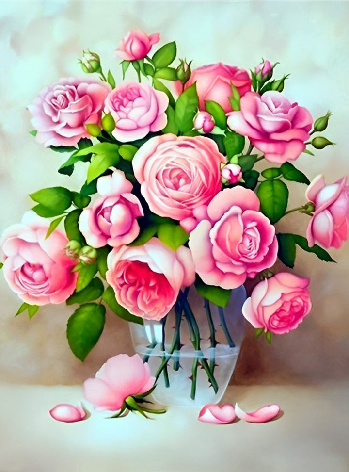Lieflijke Roze Rozen in Glazen Vaas Diamond Painting