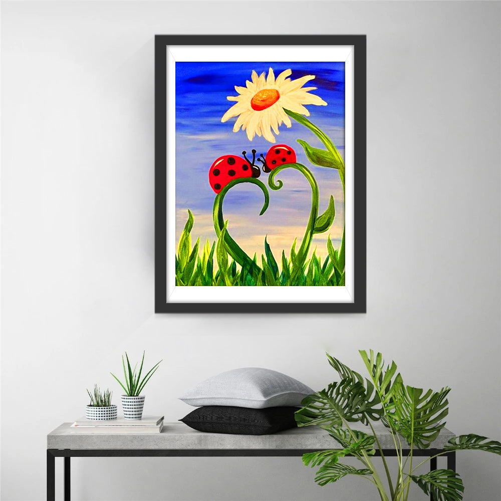 Lieveheersbeestjes op Hartvormige Stengel Naast Zonnebloem Diamond Painting