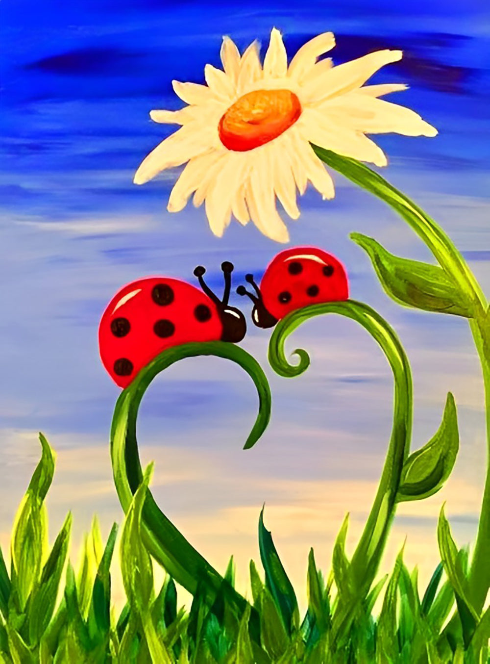 Lieveheersbeestjes op Hartvormige Stengel Naast Zonnebloem Diamond Painting