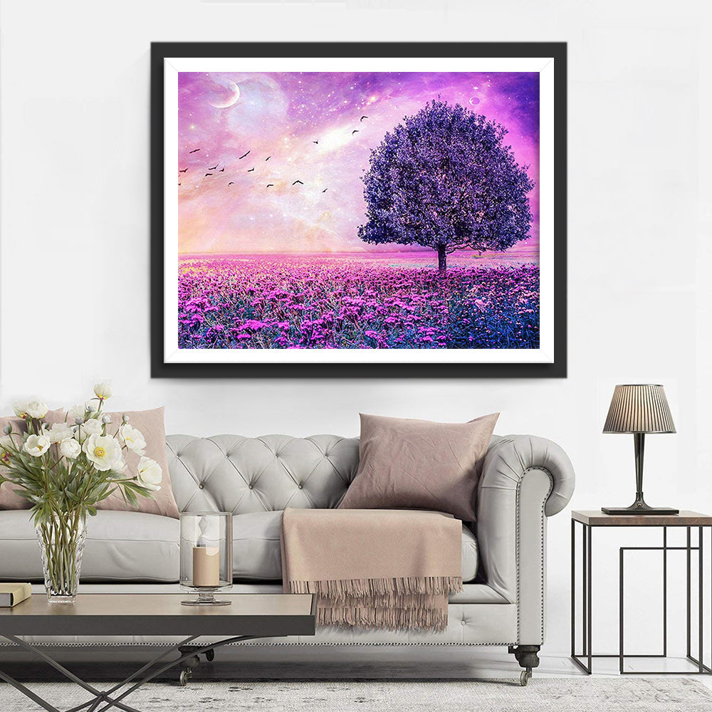 Lila Boom en Bloemenvelden Diamond Painting