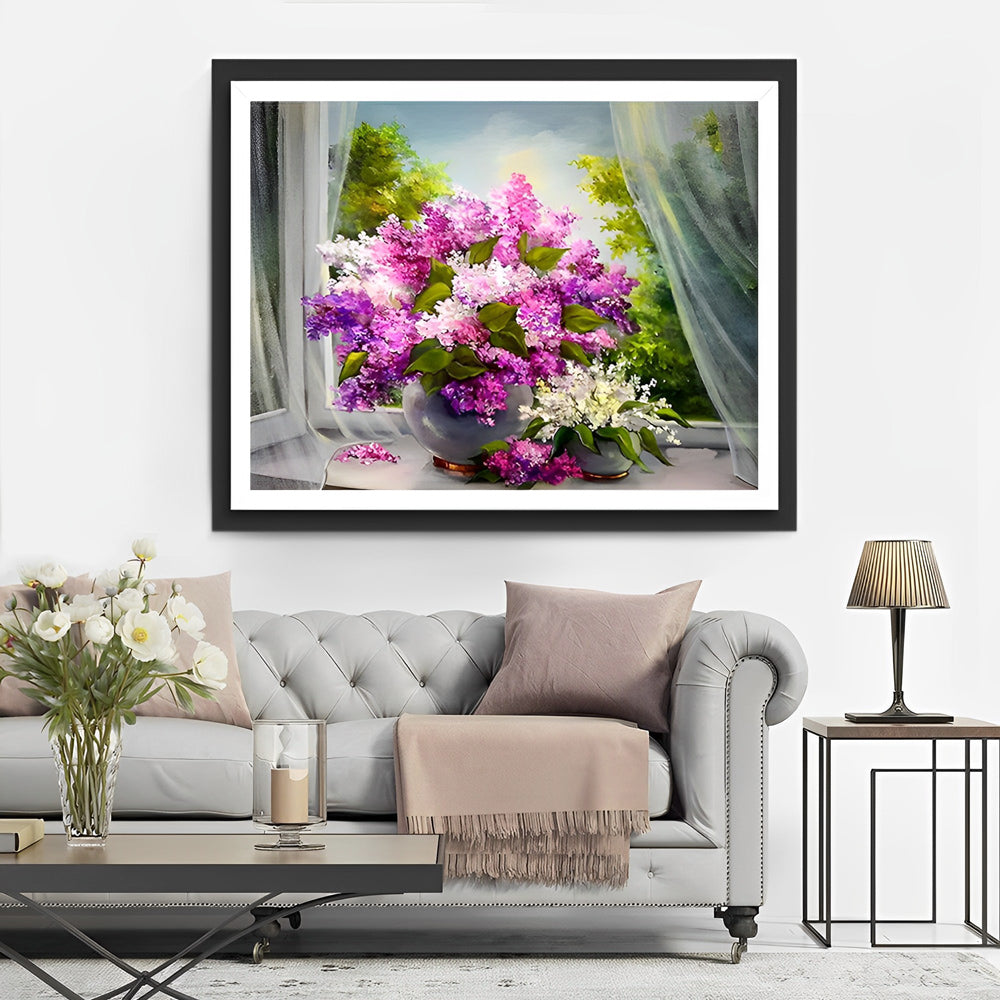 Lila en Witte Seringen bij Venster Diamond Painting
