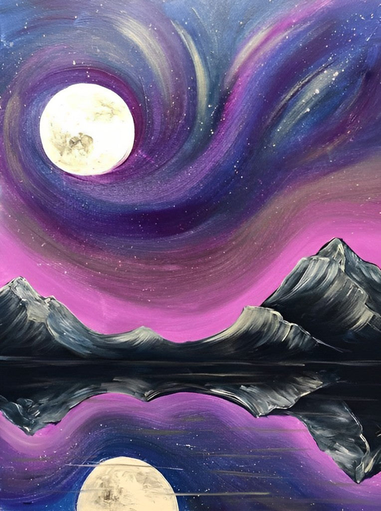 Maangloed en Sterrenwerveling boven Spiegelbergen Diamond Painting