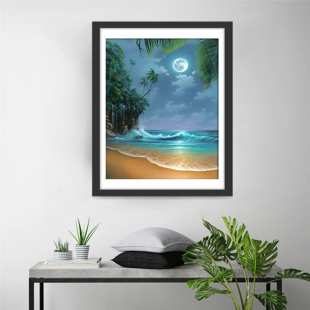Maanlicht over Golfen en Strand Diamond Painting