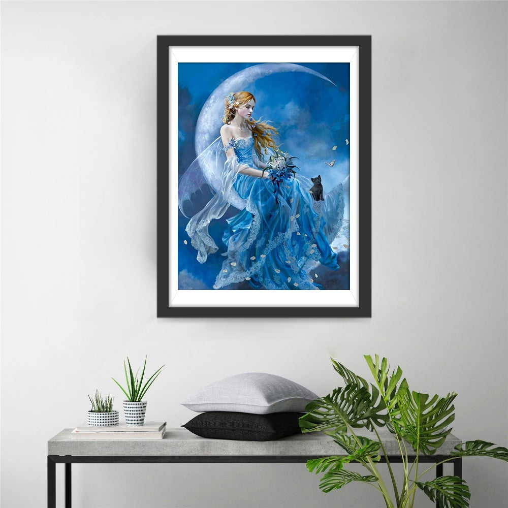 Maanlichtdroom: Fee in Blauwe Toverjurk met Kat Diamond Painting