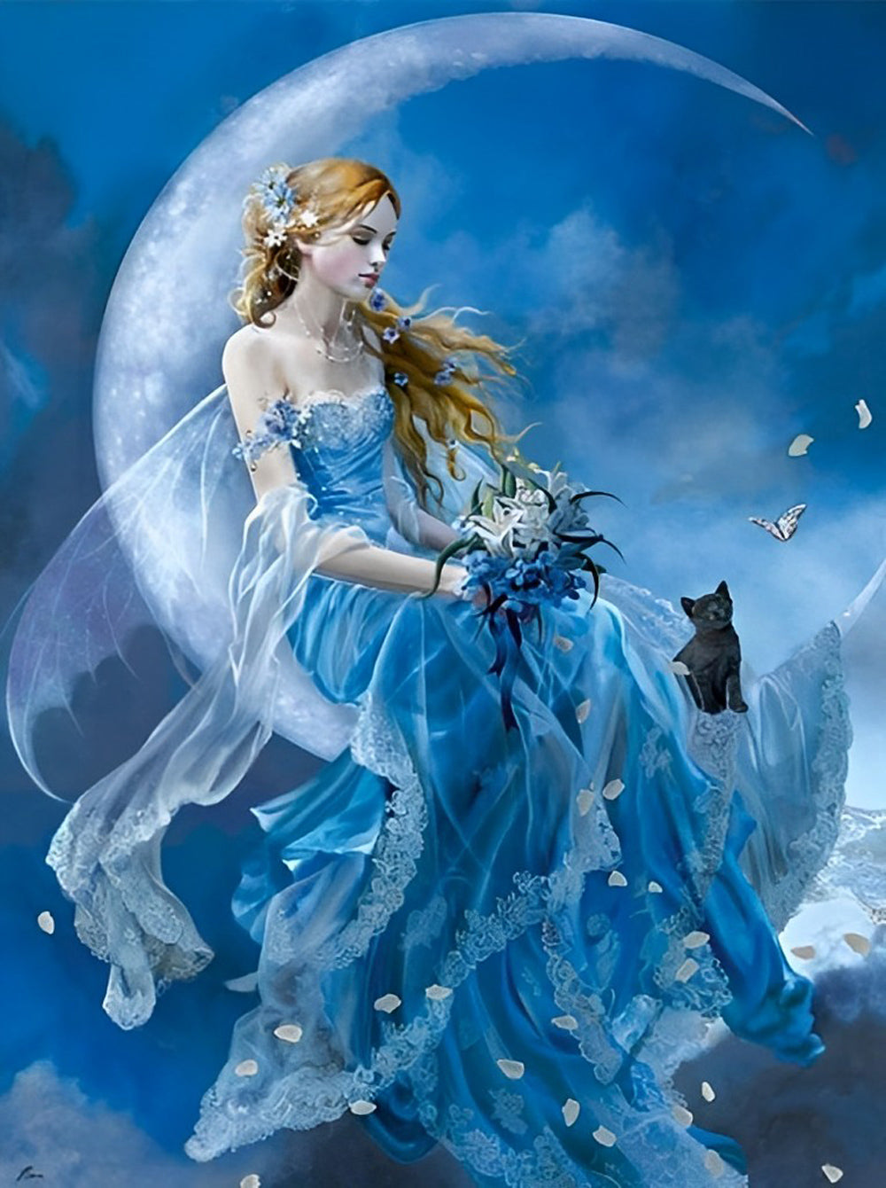 Maanlichtdroom: Fee in Blauwe Toverjurk met Kat Diamond Painting