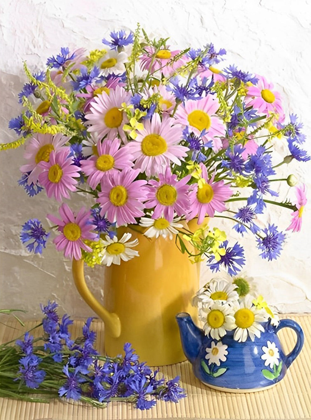 Madeliefjes en Paarse Bloemen in Theekan en Kopje naast Diamond Painting
