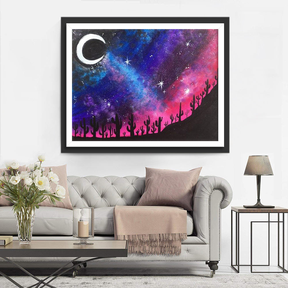 Magisch Sterrenhemelweelde met Cactussilhouetten Diamond Painting