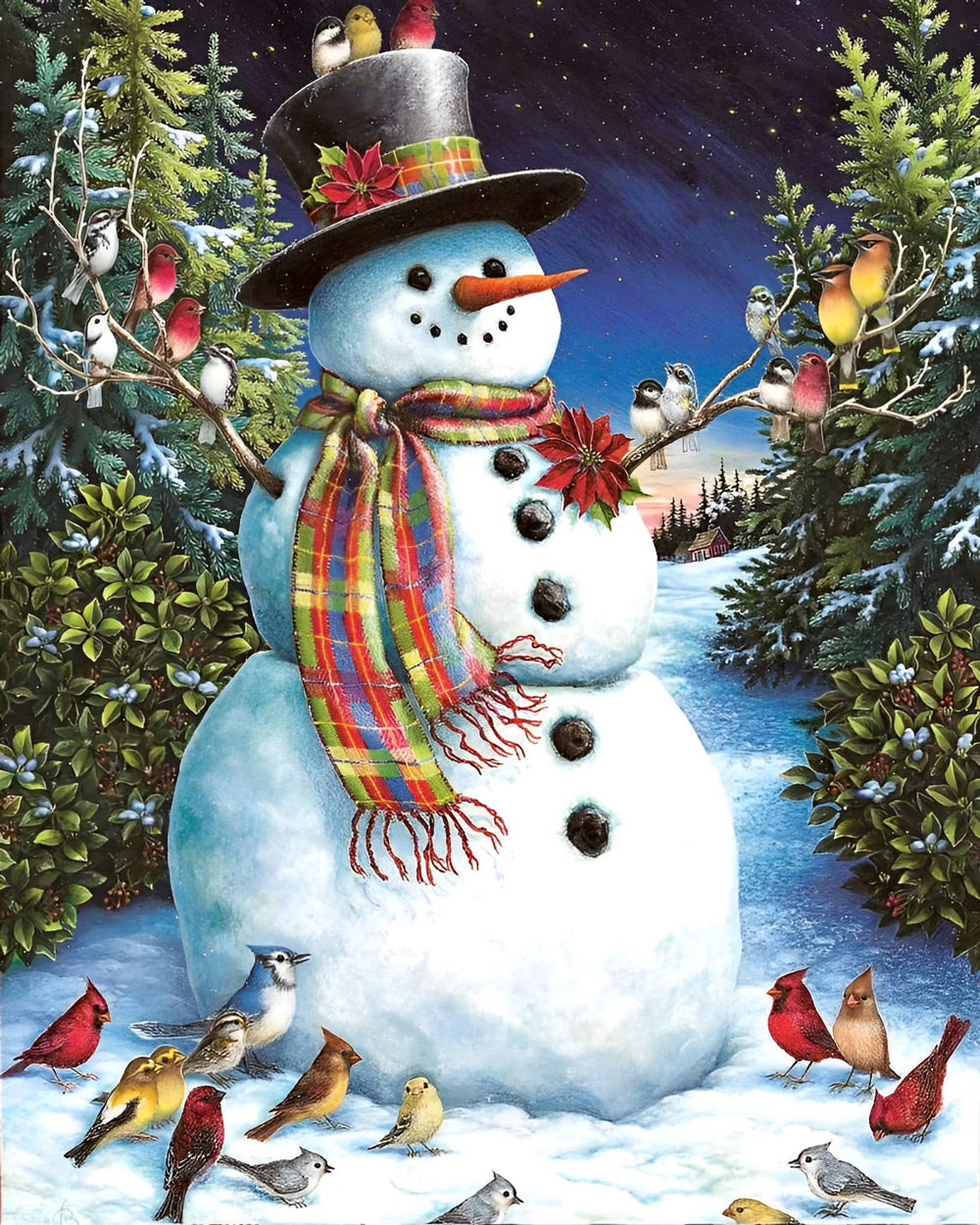 Magisch Winterbeeld met Sneeuwpop en Vogeltjes Diamond Painting