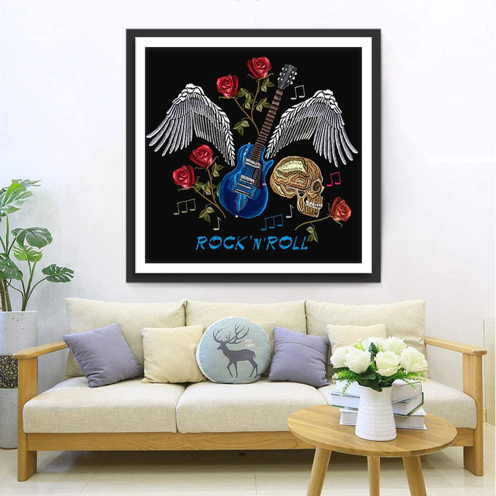 Magische Sfeer van Gitaar, Vleugels, Bloemen en Dood Diamond Painting