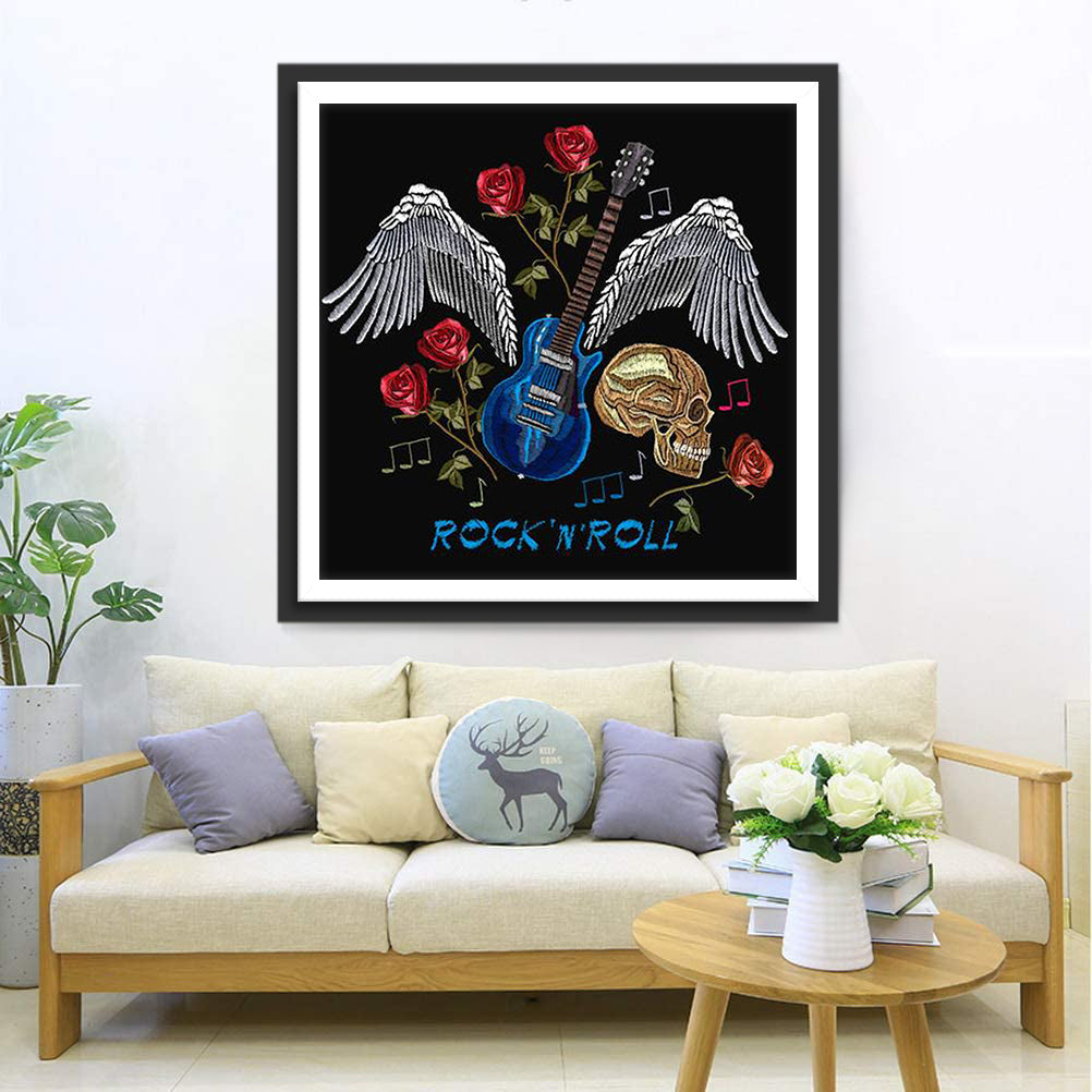 Magische Sfeer van Gitaar, Vleugels, Bloemen en Dood Diamond Painting