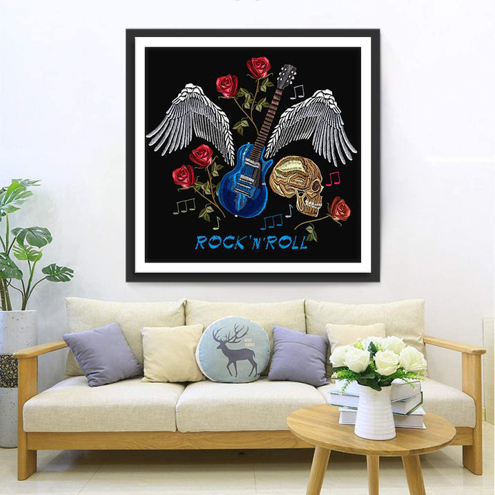 Magische Sfeer van Gitaar, Vleugels, Bloemen en Dood Diamond Painting