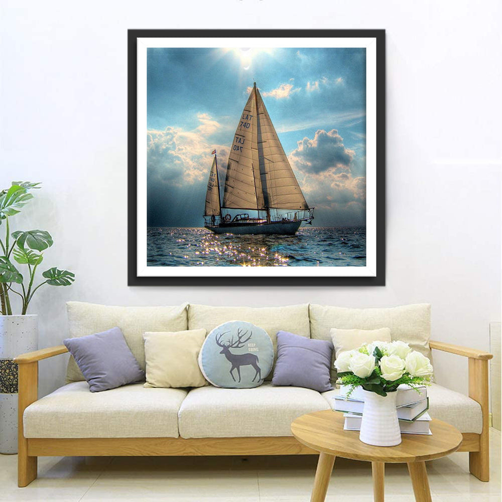 Majestueus Zeilschip op Uitgestrekte Oceaan onder Wolken Diamond Painting