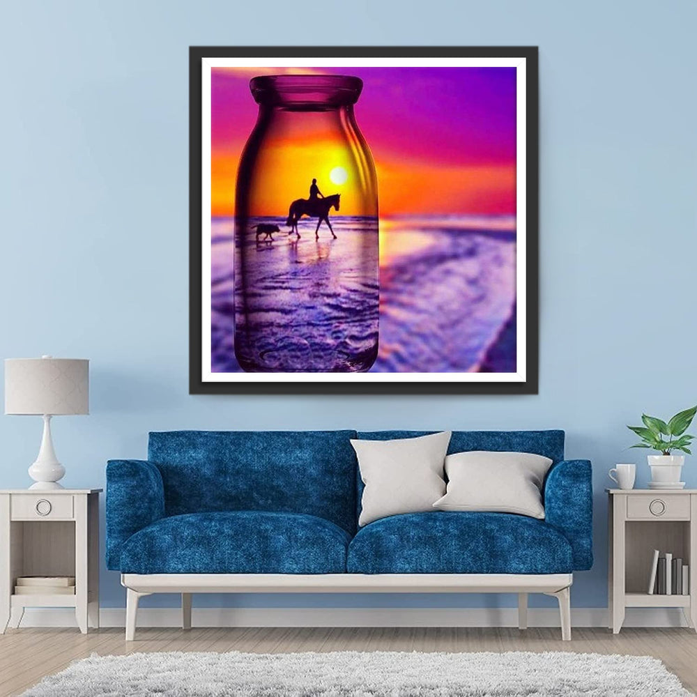 Man en Paard in een Glazen Fles Diamond Painting
