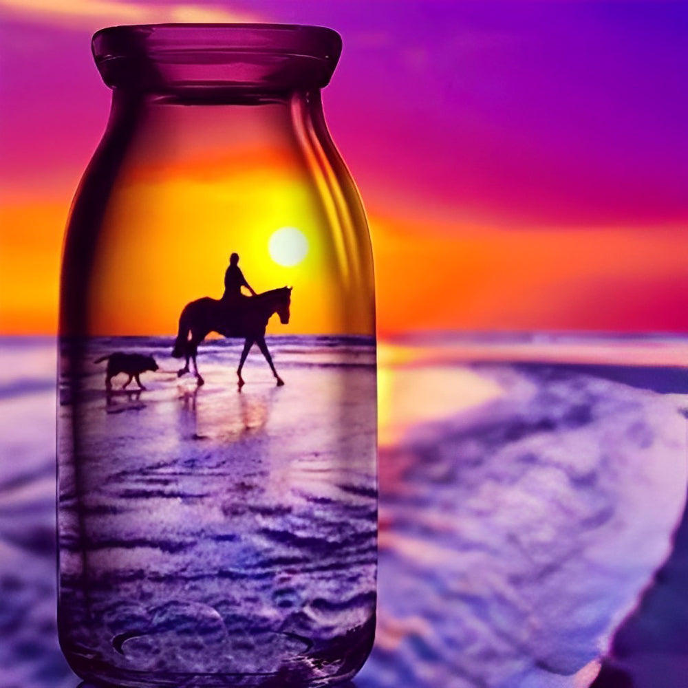 Man en Paard in een Glazen Fles Diamond Painting