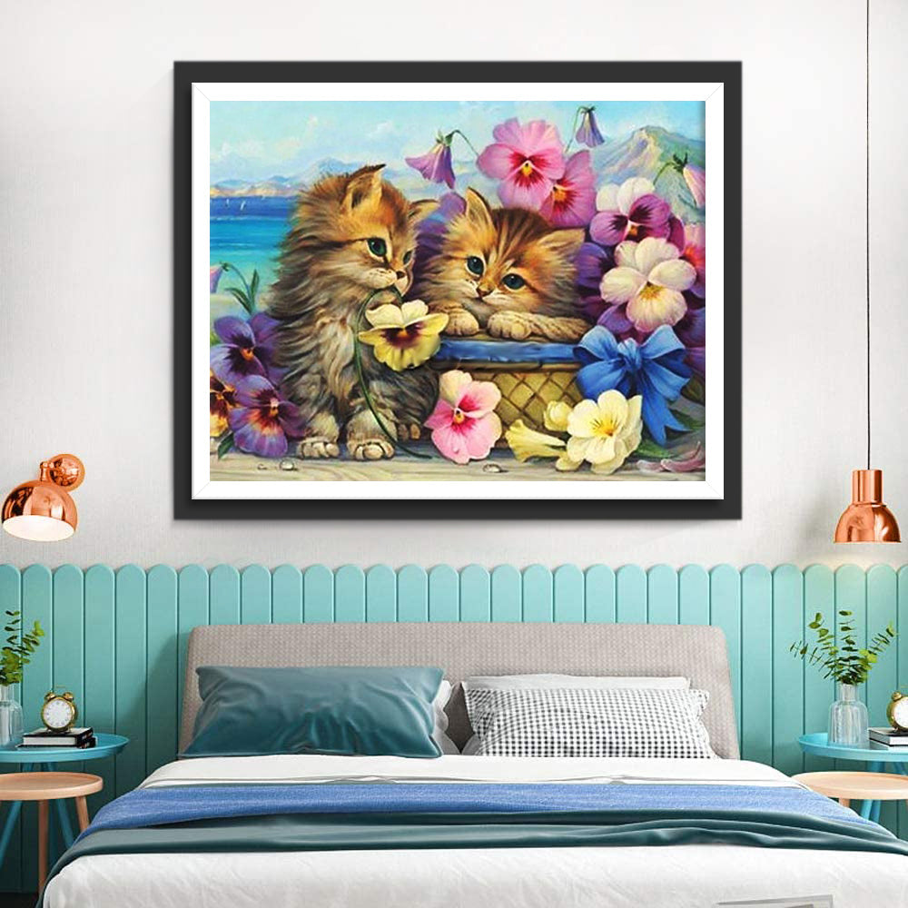 Mand met Bloemen en Katten Diamond Painting
