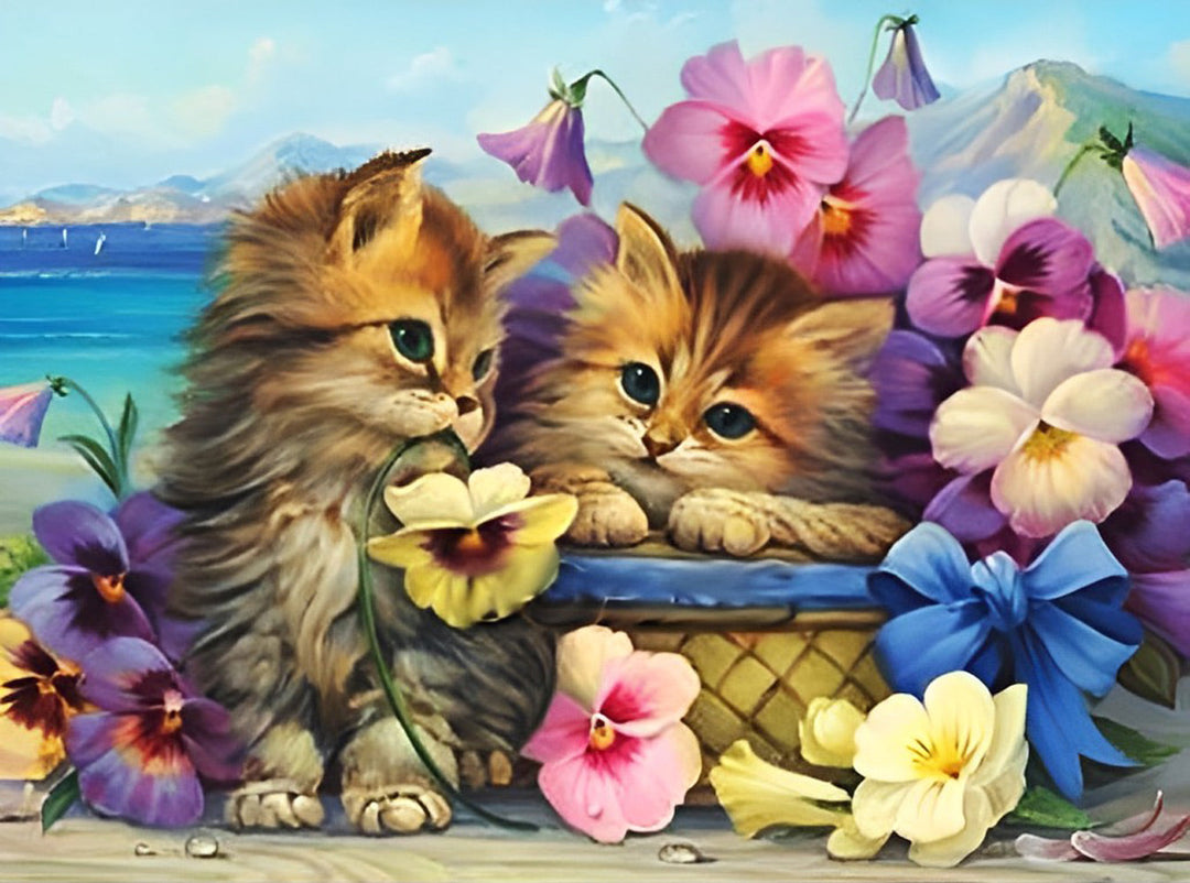 Mand met Bloemen en Katten Diamond Painting