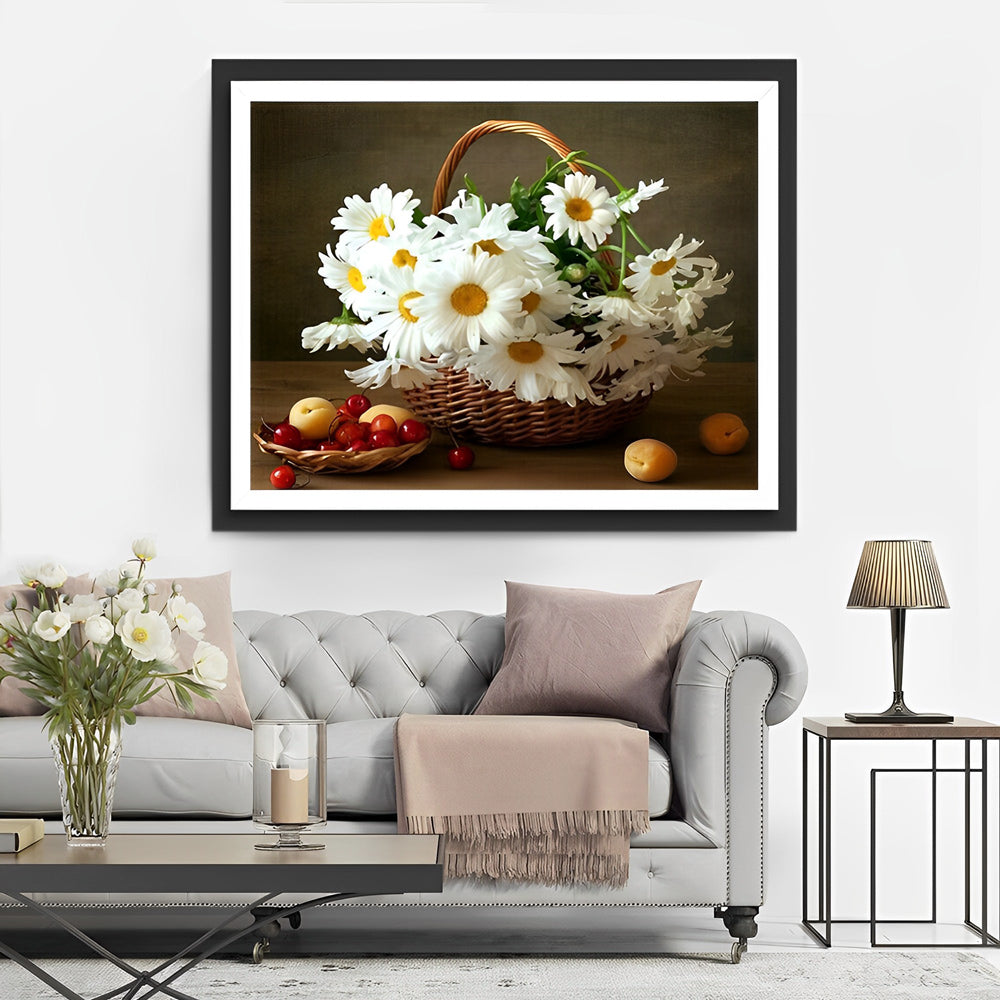 Mand vol Witte Madeliefjes met Fruit naast Diamond Painting