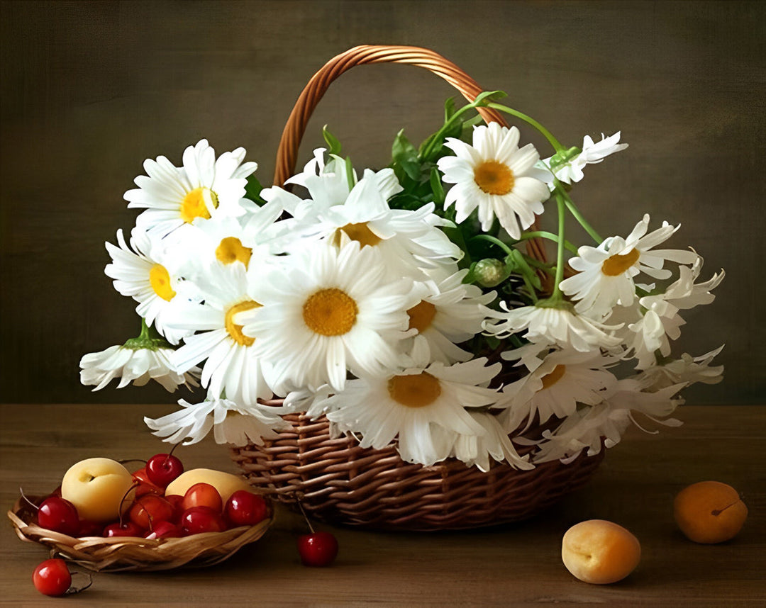 Mand vol Witte Madeliefjes met Fruit naast Diamond Painting