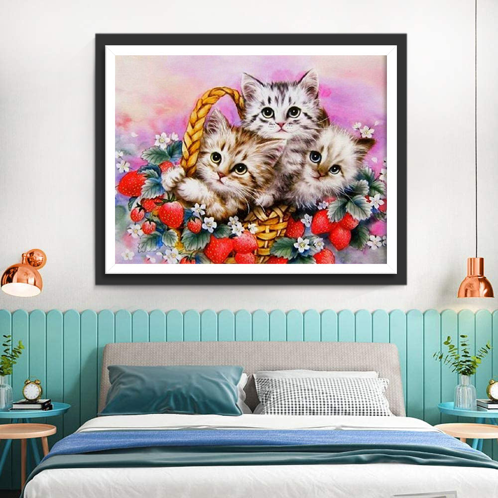 Mandje met Aardbeien en Katten Diamond Painting