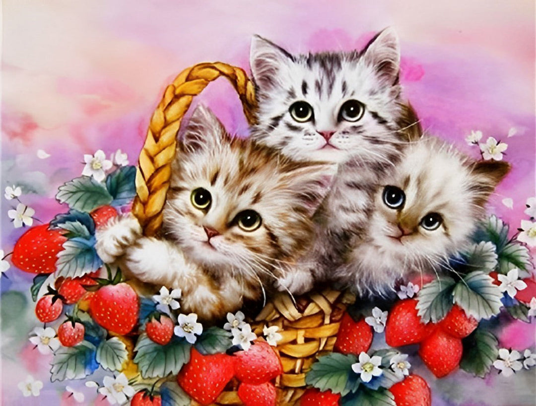 Mandje met Aardbeien en Katten Diamond Painting