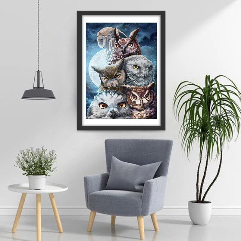 Meerdere Uilen onder het Maanlicht van de Nacht Diamond Painting